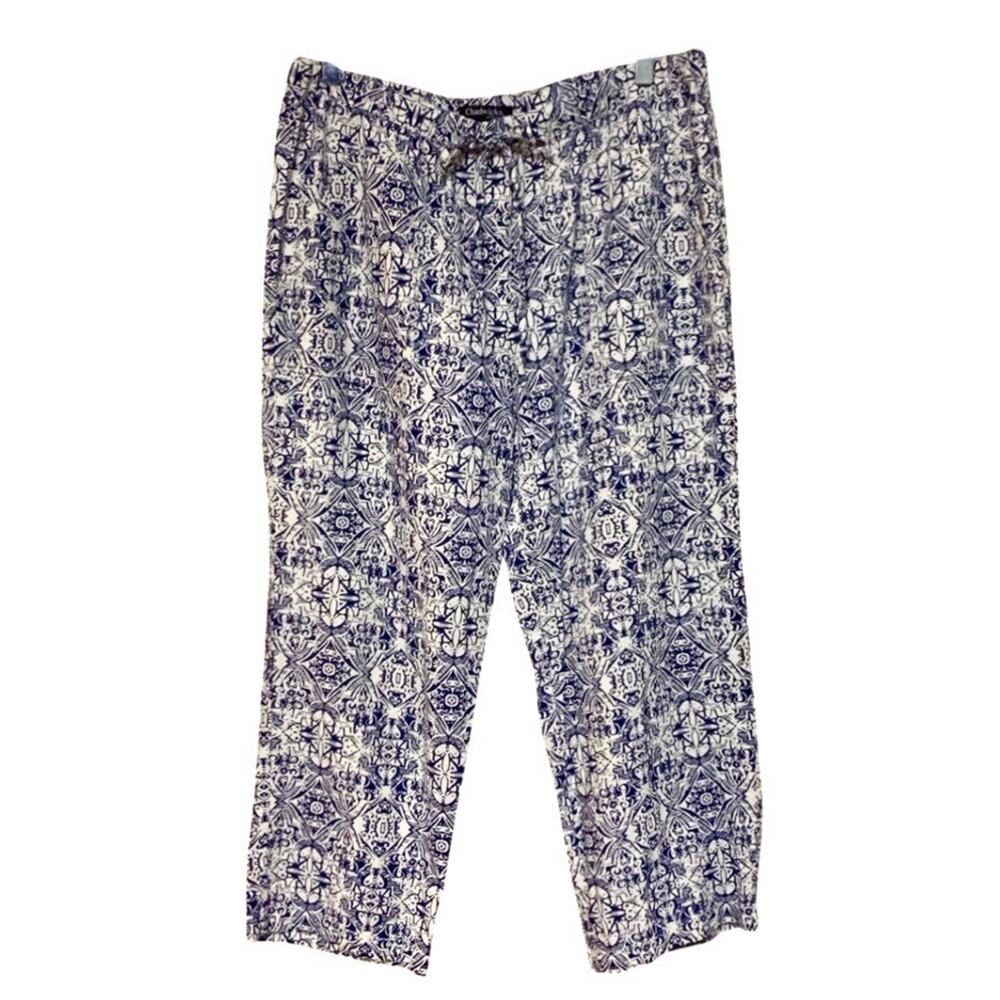 Chadwicks Womens Sz Large Linen Blend Crop Pants Blue White Tile Print Pull On